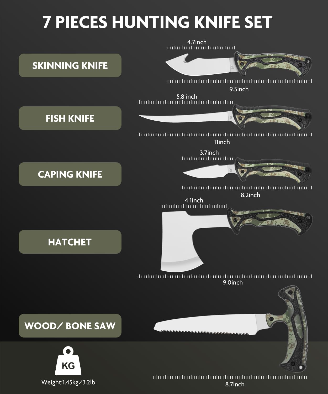 Jellas Hunting Knife Set - Professional Game Processing Kit with Axe, Bone Saw, Skinning & Fillet Knives, Rib Spreader, Sharpener, Portable Field Dressing Kit & Camping Gear in Carry Case