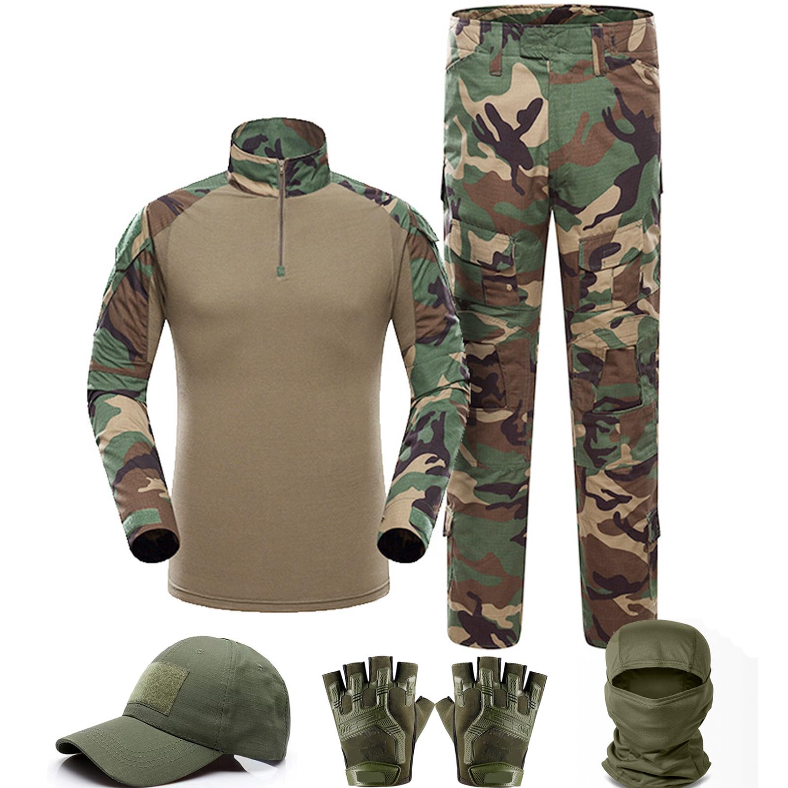 SANYETS Airsoft Suit,Combat Pants and Shirt,Cap Gloves Balaclava Set,WL Woodland Camo Uniform Men's Tactical Gear, XL