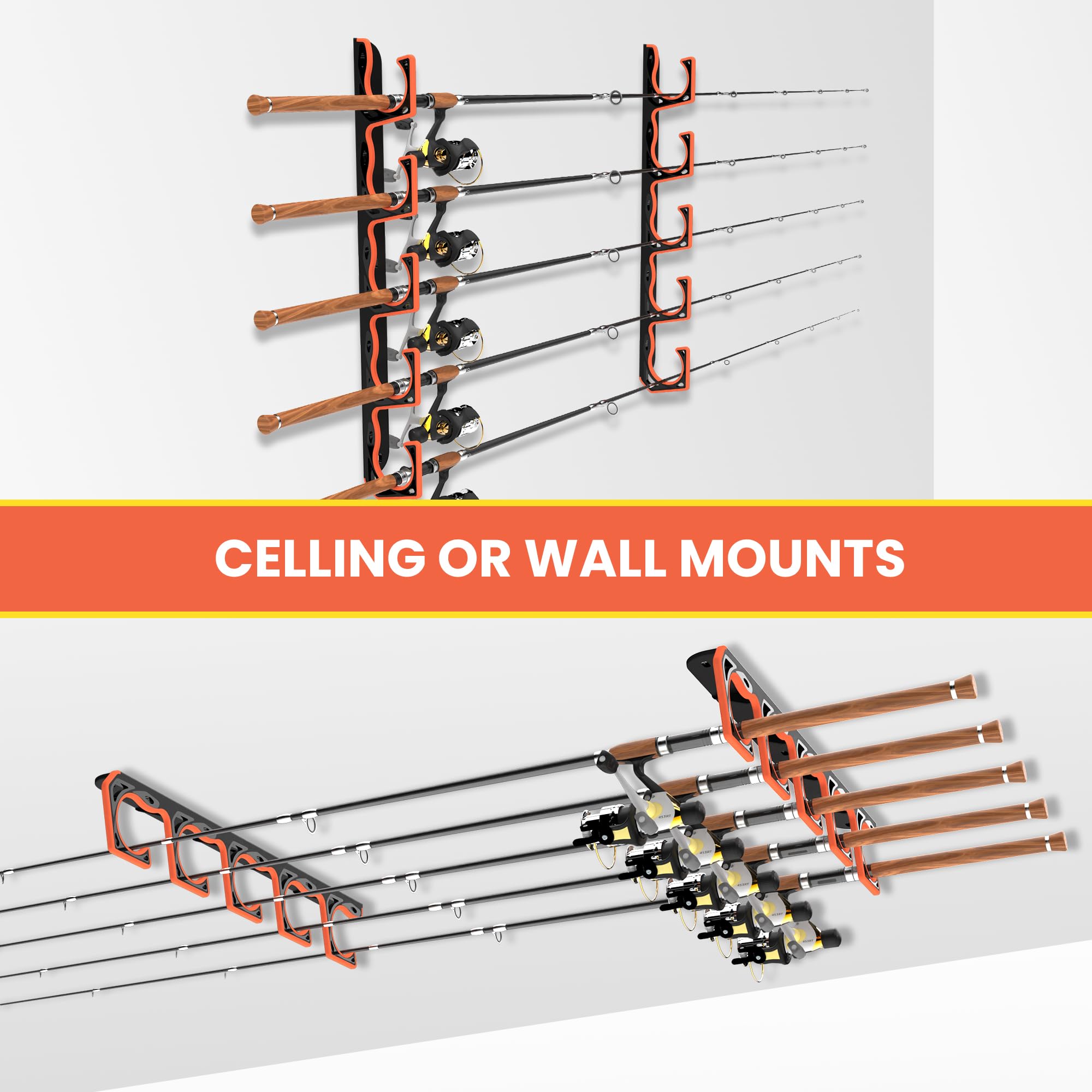 Gocozer Fishing Rod Holder for Garage, H5 Wall or Ceiling Mounted Fishing Pole Holders with Soft Protective Pad, Fishing Rod Storage Organizer, Horizontal Fishing Rod Wall Mount Nets Storage (4 PACK)