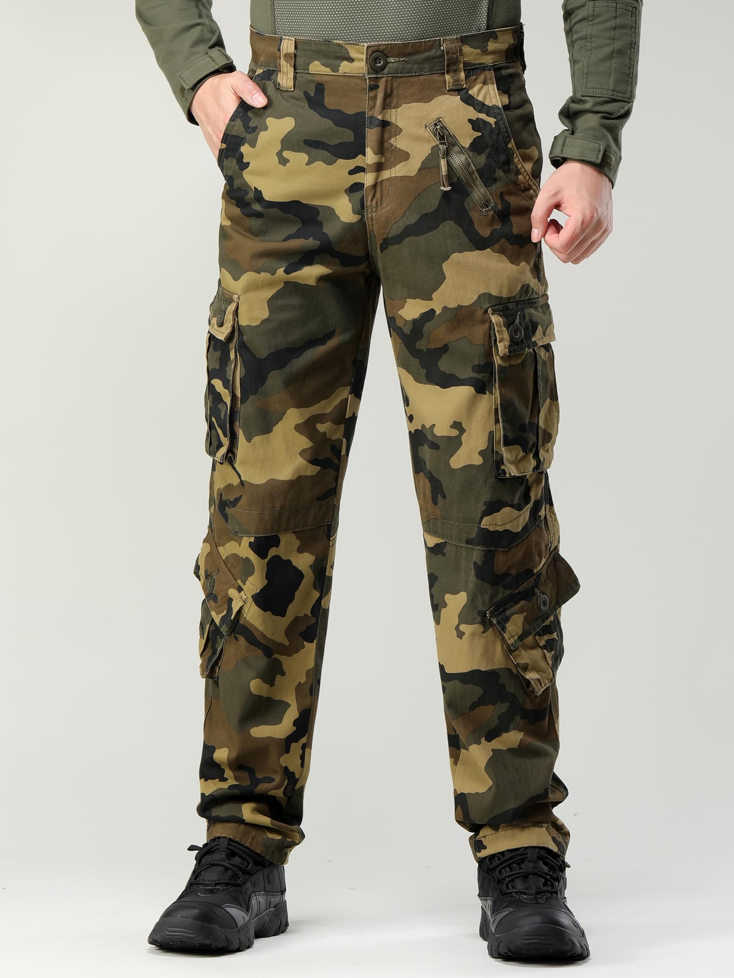 AKHIKING Men's Camo Cargo Work Pants Cotton Tactical Ripstop Casual Combat Pants with 8 Pockets Caoyuan 36x32