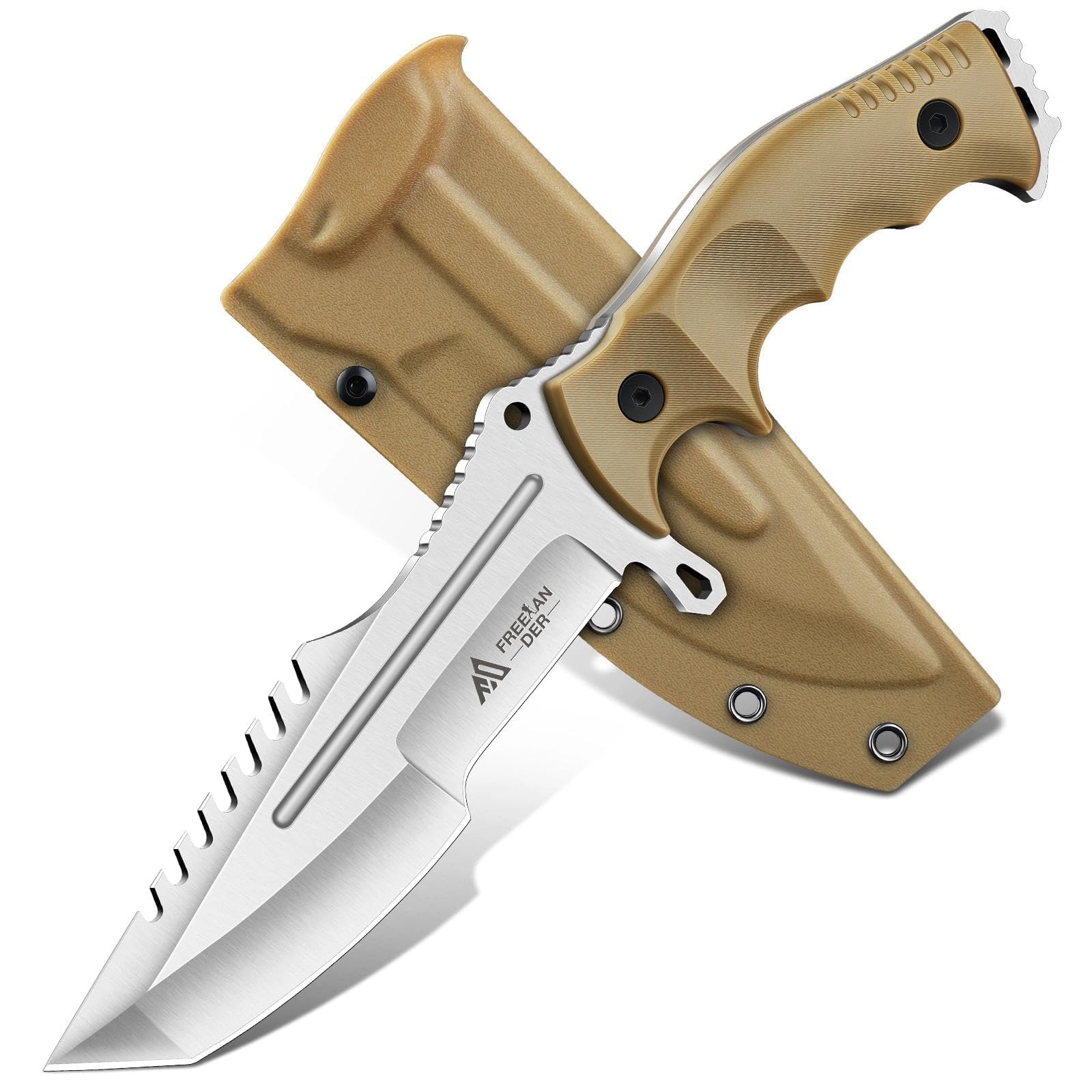 Freelander Fixed Blade Knife with Sheath, Full Tang D2 Steel Survival Knife, Camping Bushcraft Knives with Ergonomic Handle, Outdoor Knives for Men