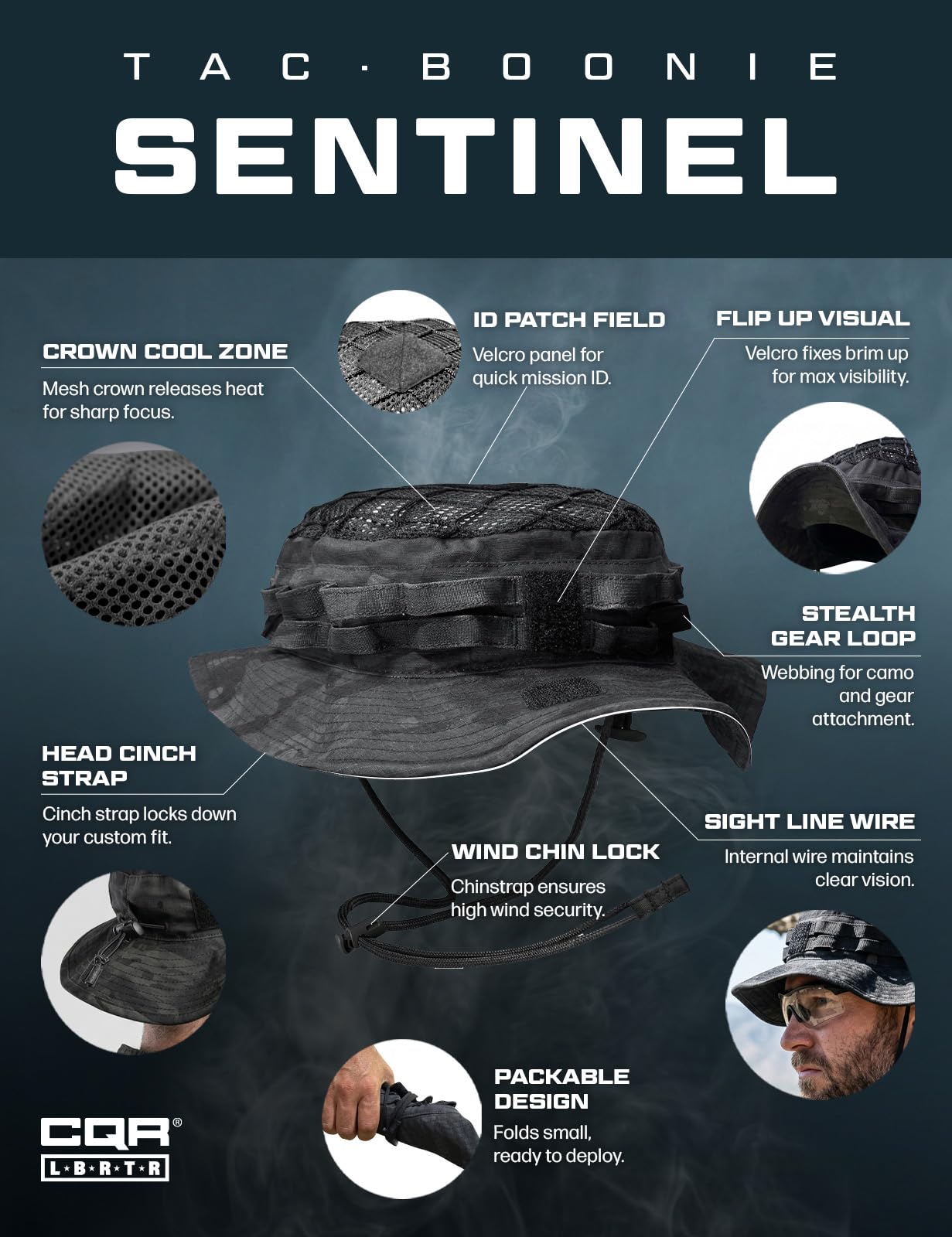 CQR Men's Tactical Boonie Hat, Breathable Packable Sun Hat for Hunting, Hiking, Fishing, Shooting, and Outdoor Activities, Sentinel Utility Camo Black, Small-Medium