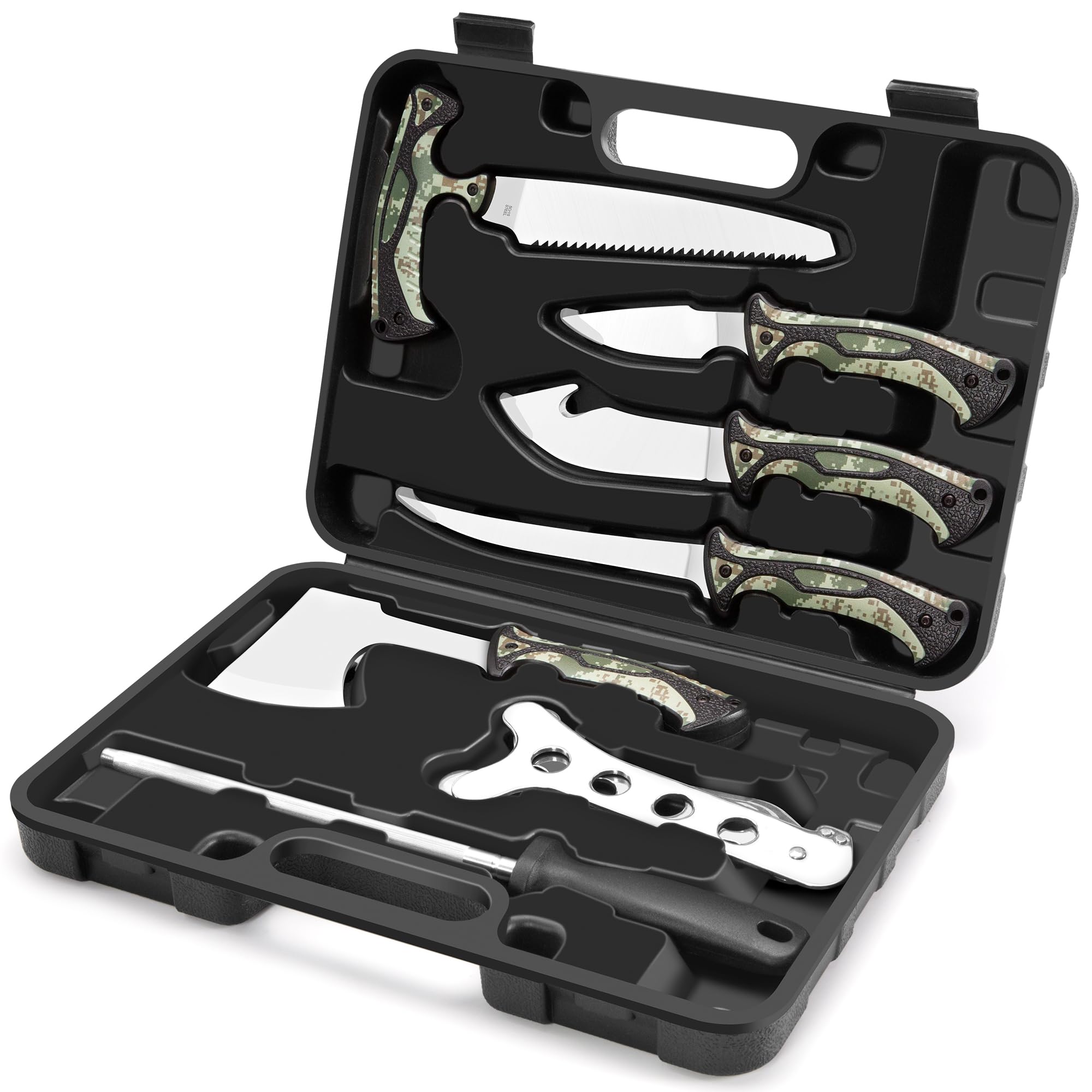 Jellas Hunting Knife Set - Professional Game Processing Kit with Axe, Bone Saw, Skinning & Fillet Knives, Rib Spreader, Sharpener, Portable Field Dressing Kit & Camping Gear in Carry Case