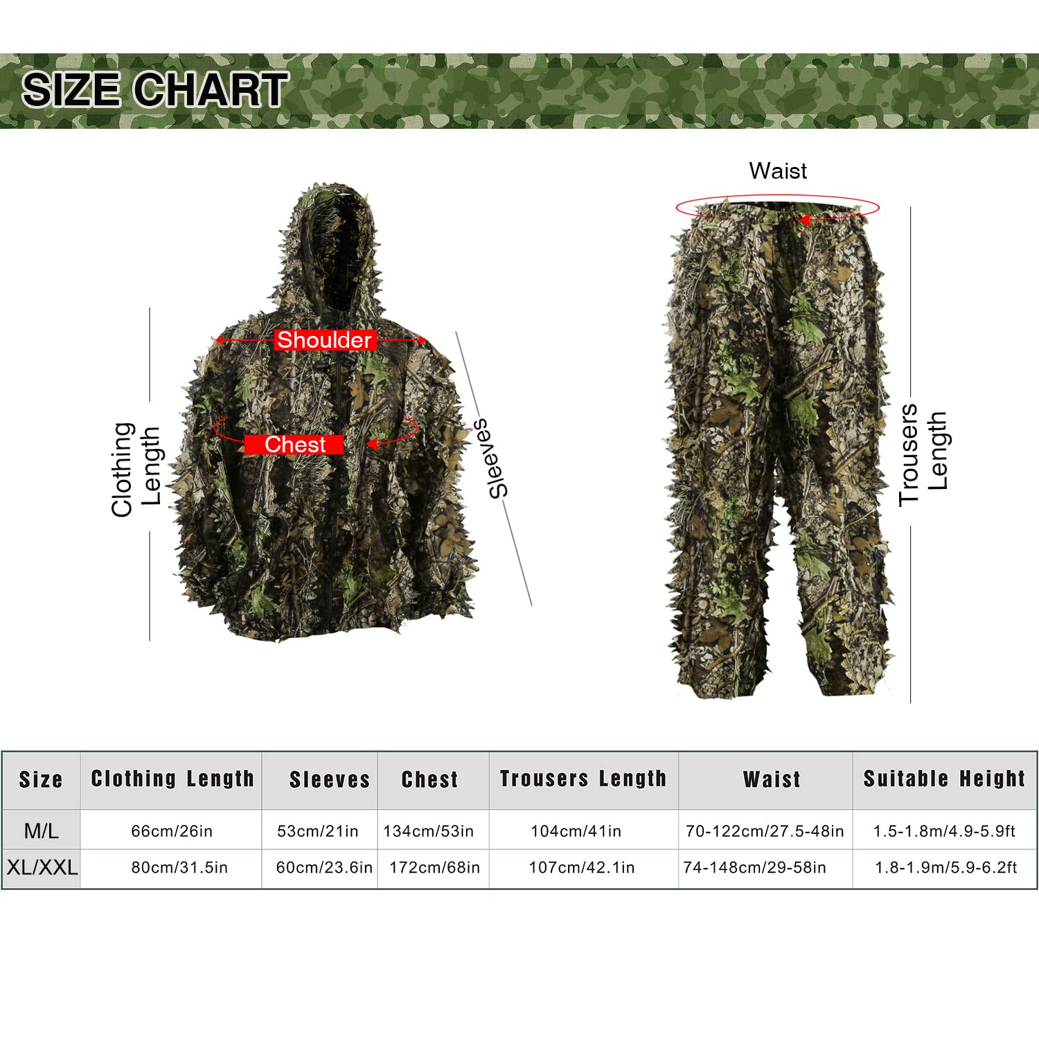 Zicac Outdoor Camo Ghillie Suit 3D Leafy Camouflage Clothing Jungle Woodland Hunting (Dark Green, Height 4.9-5.9 ft)