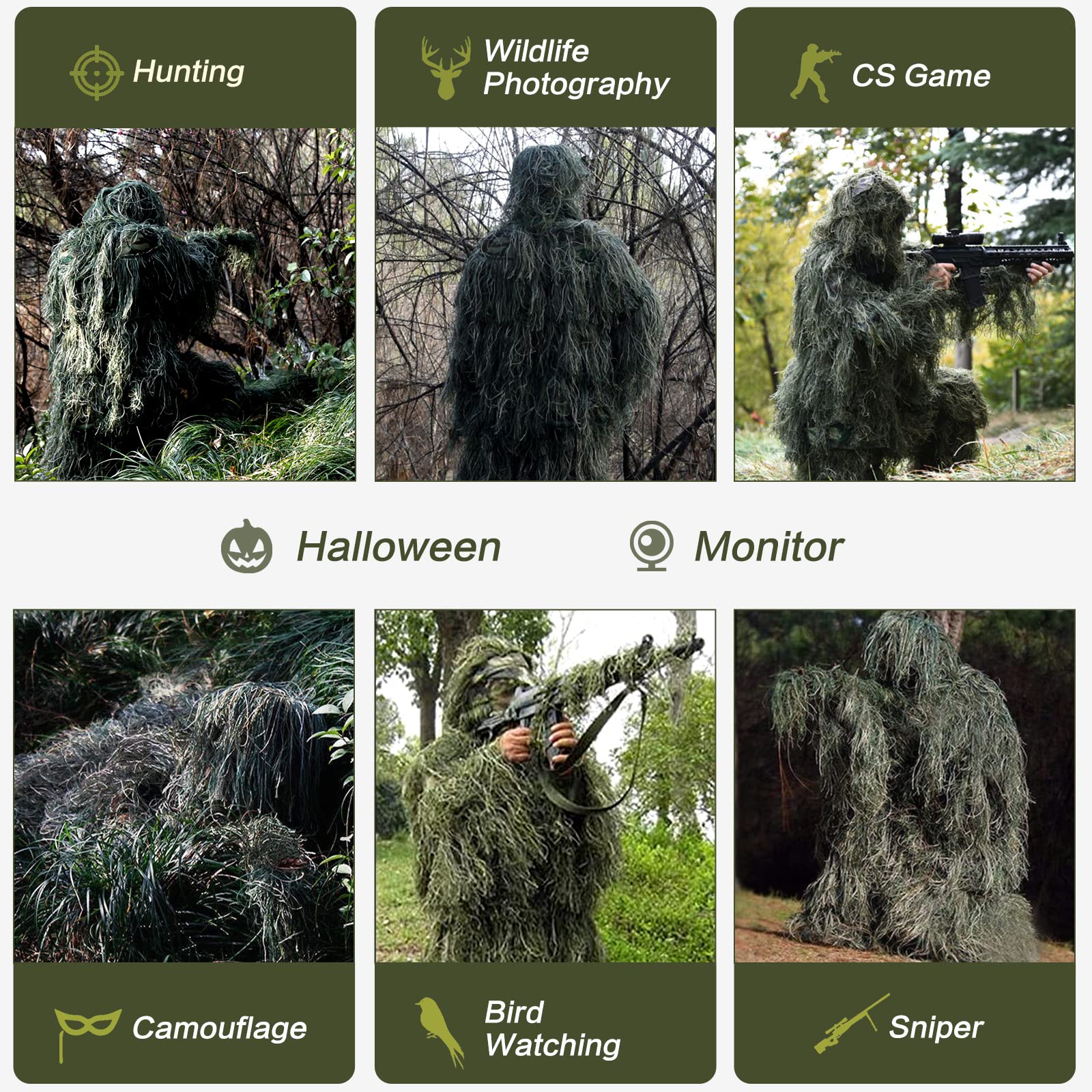 MOPHOTO 5 in 1 Ghillie Suit 3D Camouflage Hunting Suits - Jacket, Pants, Hood, Carry Bag for Youth & Adults M/L/XL/XXL