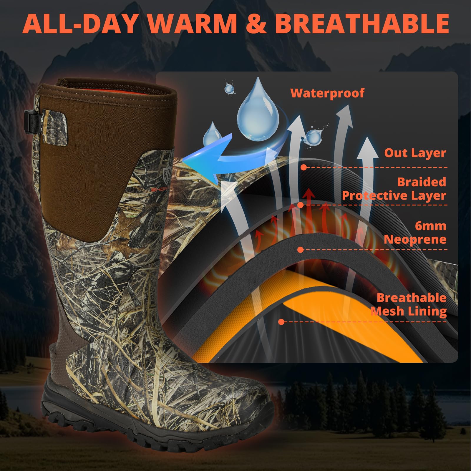 Showave Men's Arctic Pro Rubber Hunting Boots with Steel Shank Insulated Rain Boot Waterproof Neoprene Mud Boot Outdoor Snow Working Boots Cold Weather,Size 13,Camo