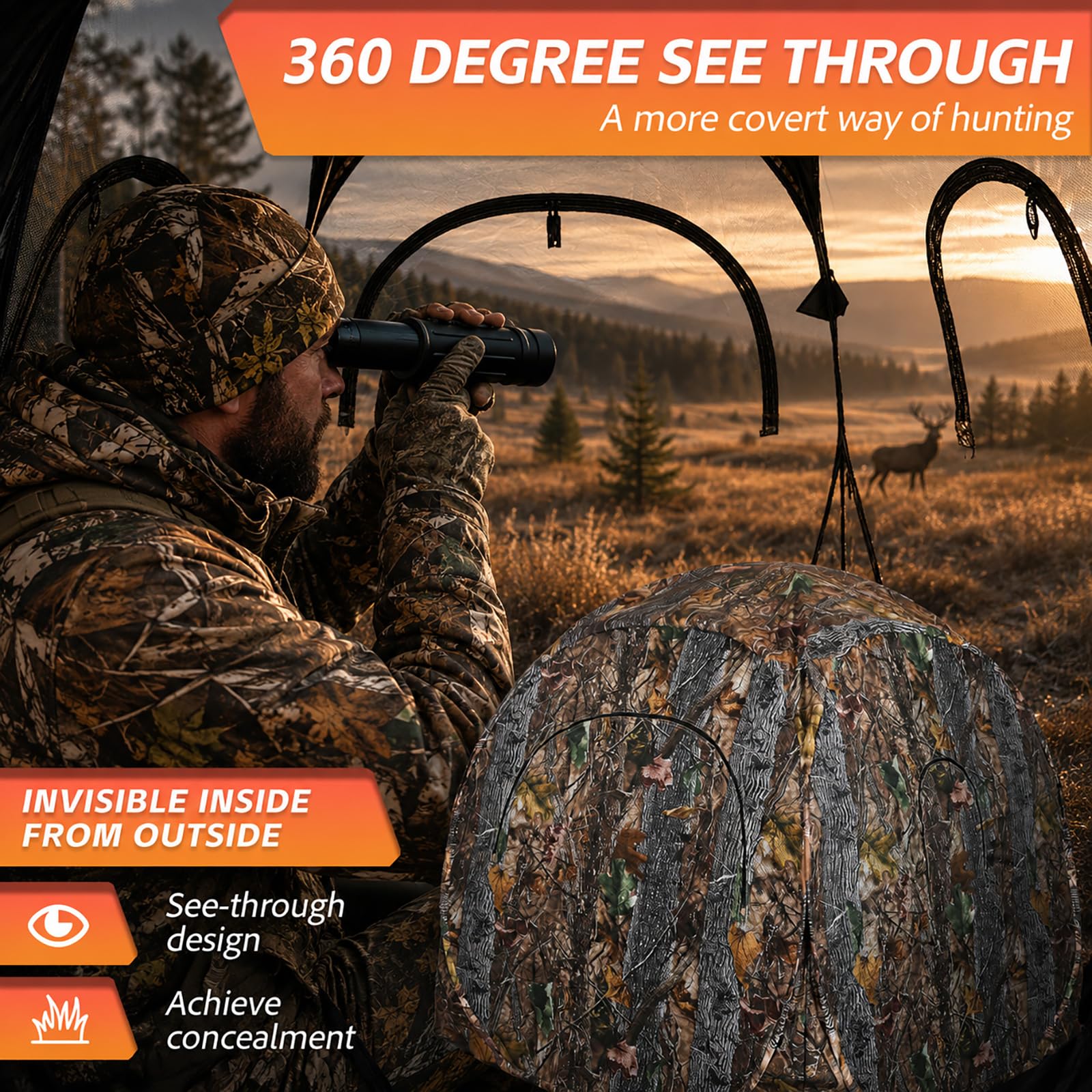 FUNHORUN Hunting Blind 360 Degree See Through with Floor Mat, 2/3 Person Ground Blind, Quick Set Pop Up Tent, Spring Steel Camouflage Tent for Deer and Turkey