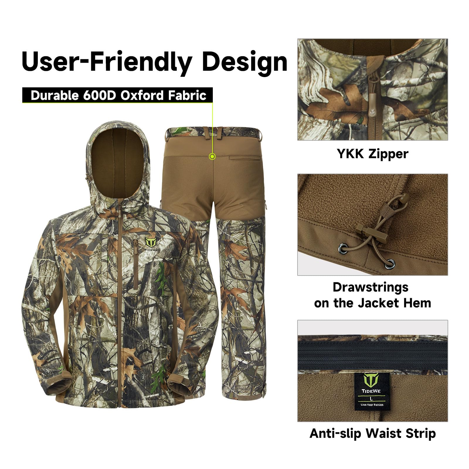 TIDEWE Hunting Clothes for Men with Fleece Lining, Safety Strap Compatible Water Resistant Silent Jacket and Pants, Hunting Suit for Climbing Hiking Trekking Camping (Next Camo G2 Size L)