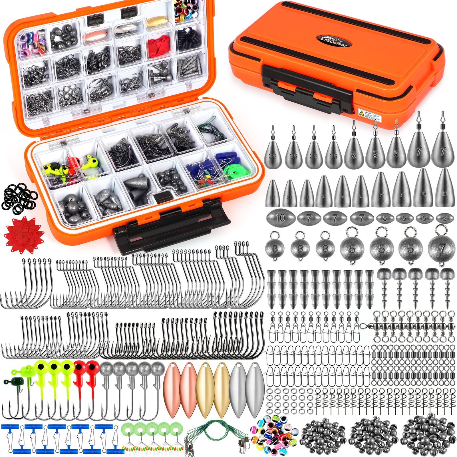 PLUSINNO Fishing Gear Accessories Kit, 449PCS Fishing Tackle Box with Tackle Included, Fishing Hooks, Fishing Weights Sinkers, Jig Heads, Fishing Tackle Set Equipment for Bass Trout, Gifts for men