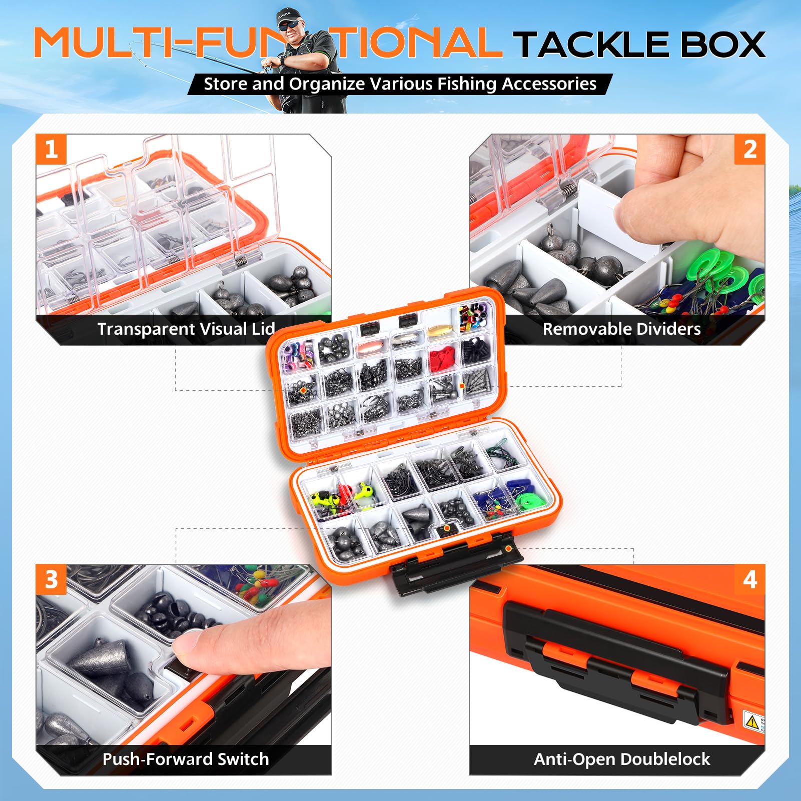 PLUSINNO Fishing Gear Accessories Kit, 449PCS Fishing Tackle Box with Tackle Included, Fishing Hooks, Fishing Weights Sinkers, Jig Heads, Fishing Tackle Set Equipment for Bass Trout, Gifts for men