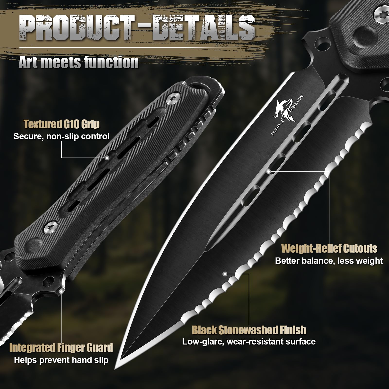Purple Dragon Fixed Blade Knife with Kydex Sheath,440C Steel Full Tang Outdoor Utility Knife with G10 Handle for Camping, Hiking,Bushcraft & Outdoor Use-Black