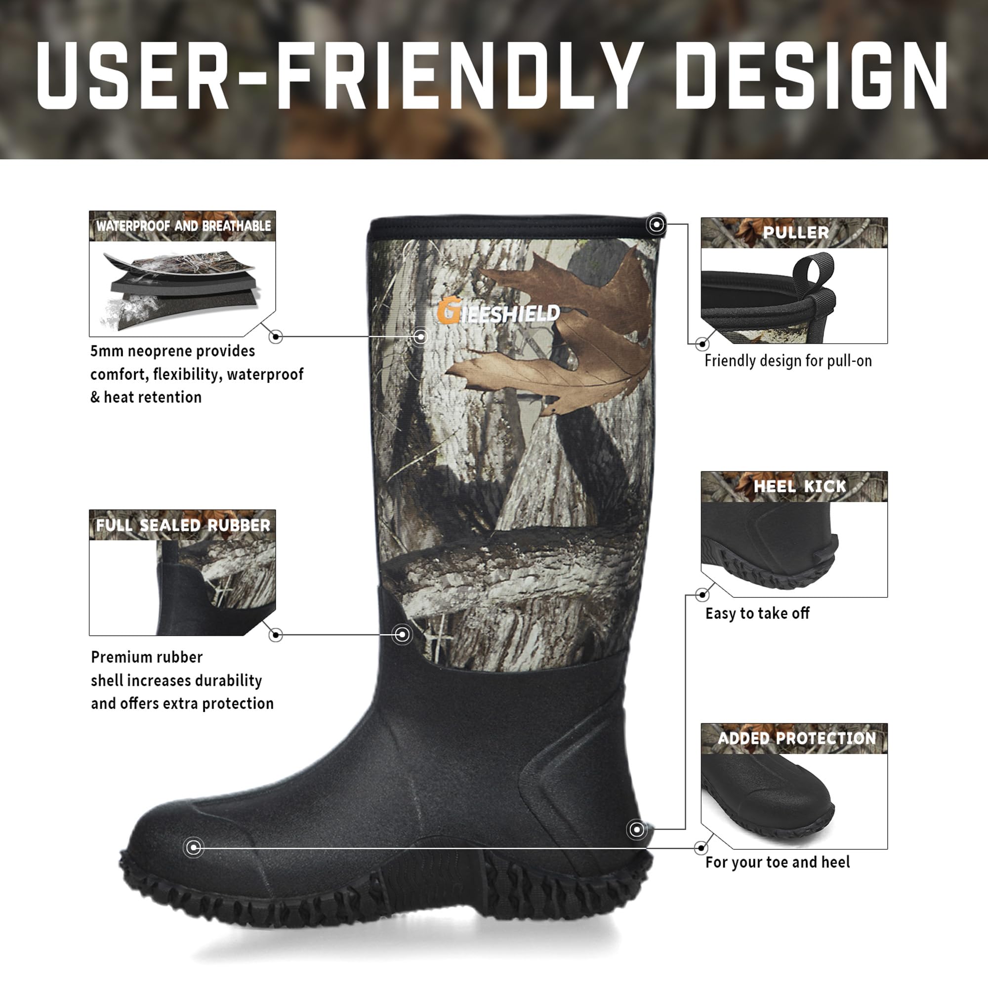 GIEESHIELD Rubber Boots for Men And Women, Waterproof Insulated Hunting & Work Boots with Steel Shank, Durable Anti-Slip Outdoor Boots for Farming, Gardening, Fishing, Mud Working(Black, Next G2 Camo)