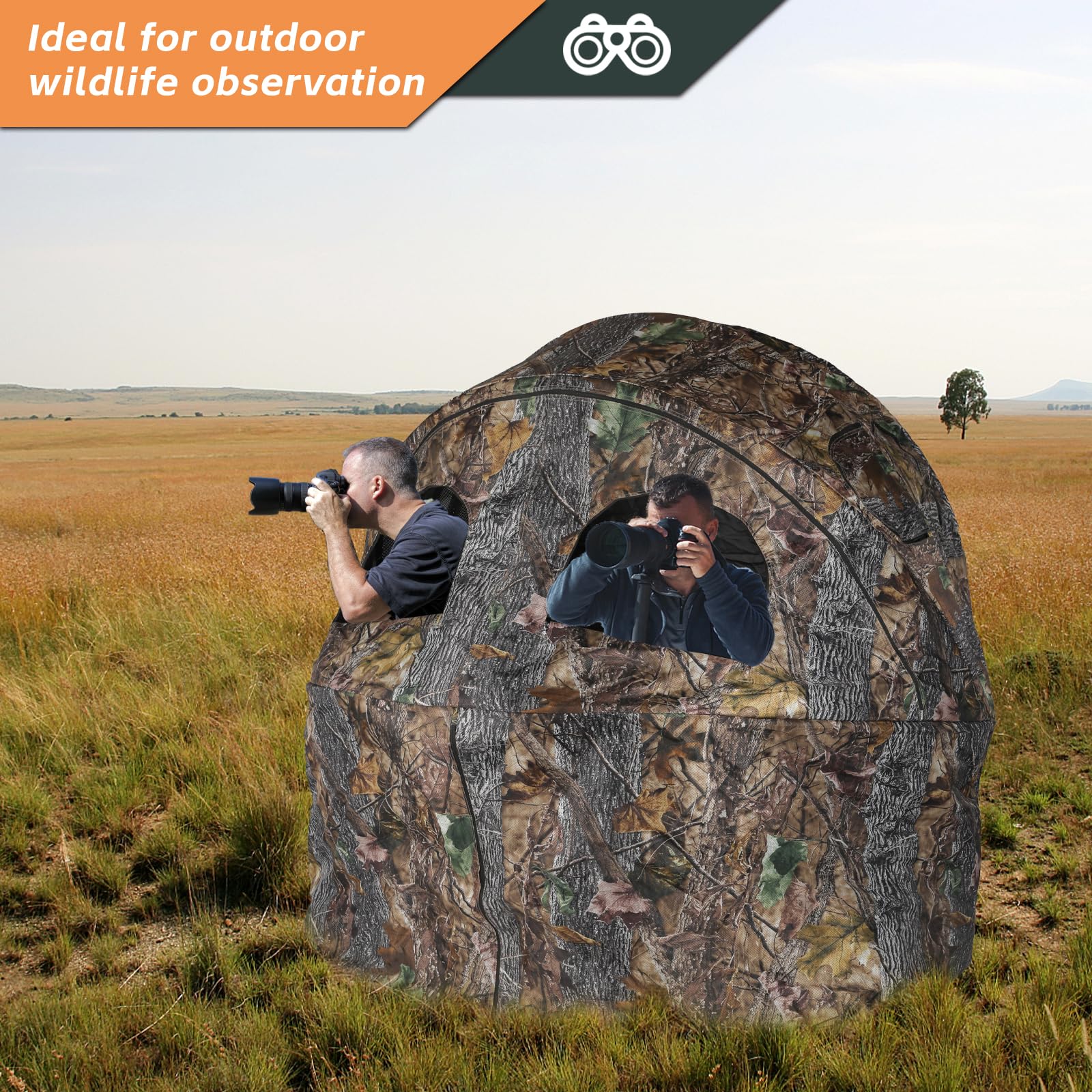 FUNHORUN Hunting Chair Blind, 2 Man See Through Ground Blind, Portable 2 Person Camouflage Chair Tent with Carrying Bag