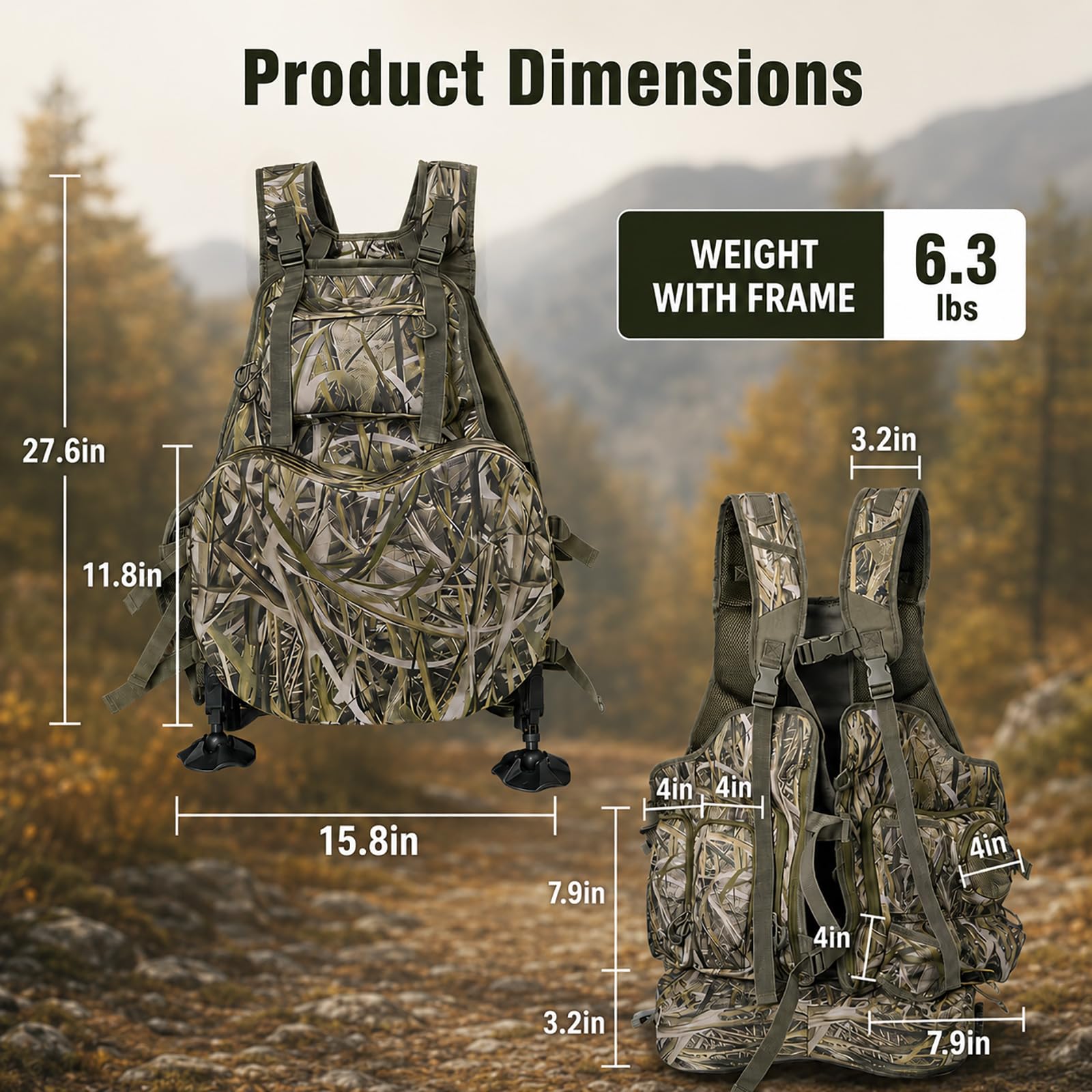 FUNHORUN Turkey Vest with Kickstand and Seat Cushion, Camo Turkey Hunting Vest with Detachable Adjustable Legs Kickstand, Game Pouch, Built-in Seat Frame, for Youth, Men, Women
