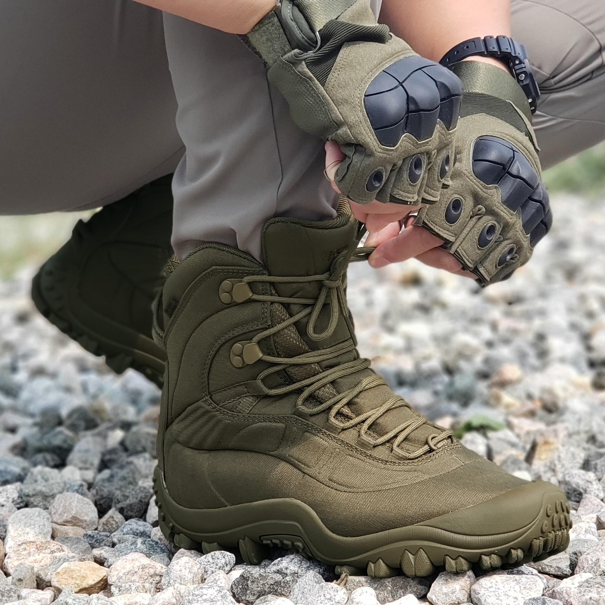 SKENARY Men's Tactical Boots Mid Combat Waterproof Military Boots Olive Green,9
