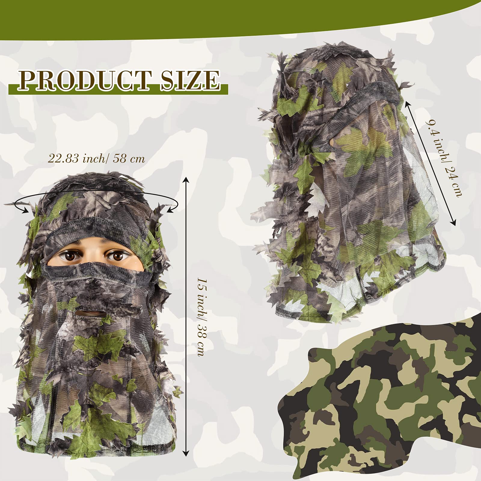 Sintege 3 Pieces 3D Camo Turkey Hunting Face Mask Camouflage Leafy Hat Ghillie Face Covering 3D Full Cover Camo Headwear Turkey Hunting Gear Accessories