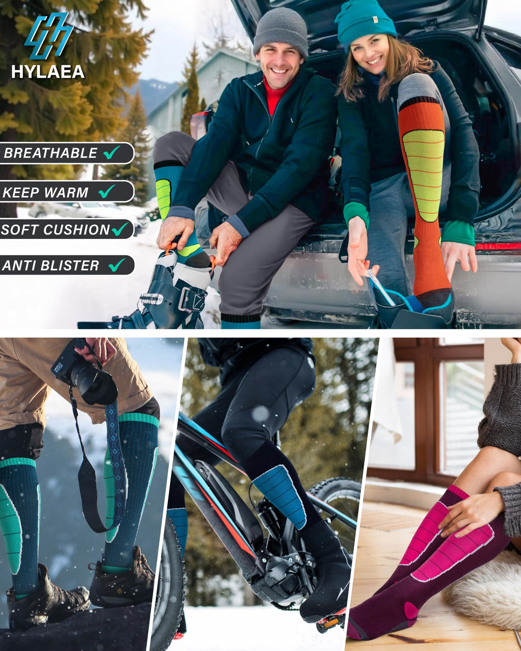 Hylaea Merino Wool Ski Socks - Cold Weather Thermal Knee-high Warm Socks for Snowboarding, Snow, Winter, Hunting, Outdoor Sports, Camo Large