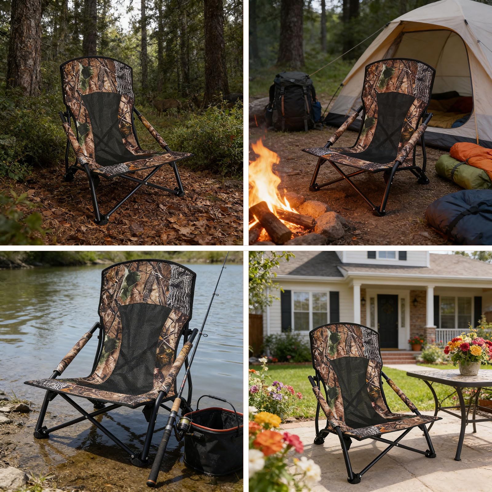 FUNHORUN Turkey Chair for Hunting, Low Profile Hunting Chair with Camouflage Carrying Bag, Camo Foldable Turkey Seat & Camping Lounger, Breathable Base & Portable Design