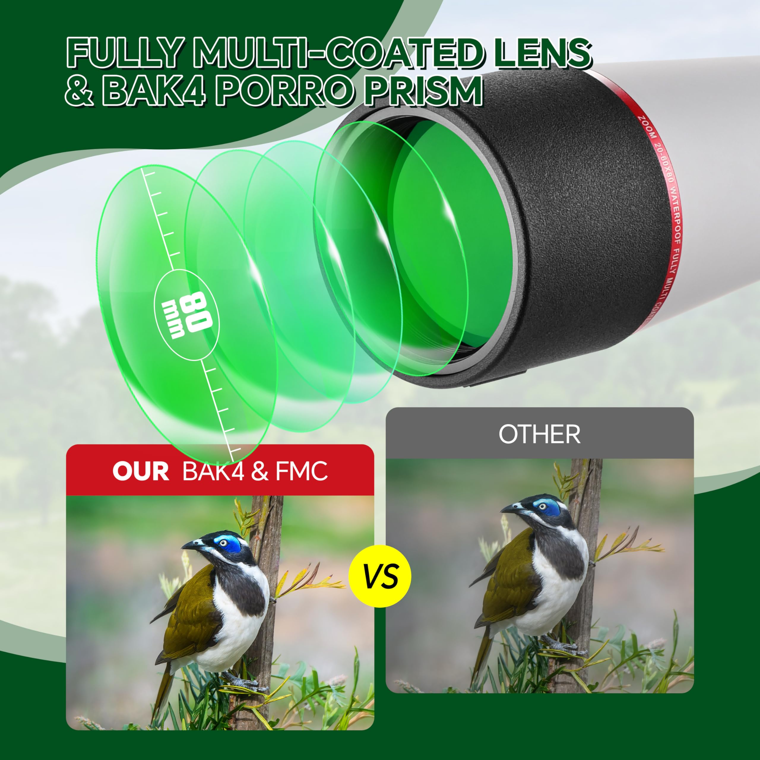 ESSLNB 20-60x80 Spotting Scopes with Tripod, BAK4 High Definition Compact Waterproof Spotter Scope with Phone Adapter and Carrying Bag for Bird Watching Wildlife Scenery