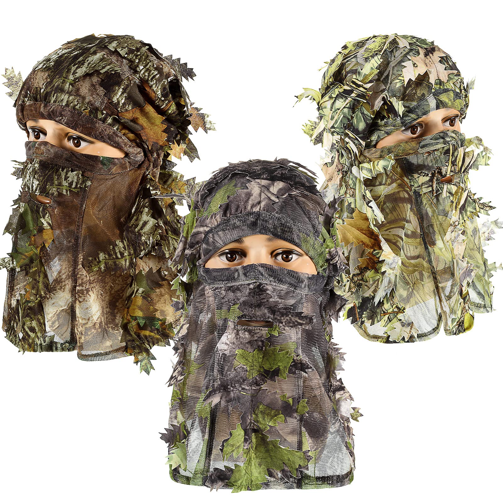 Sintege 3 Pieces 3D Camo Turkey Hunting Face Mask Camouflage Leafy Hat Ghillie Face Covering 3D Full Cover Camo Headwear Turkey Hunting Gear Accessories