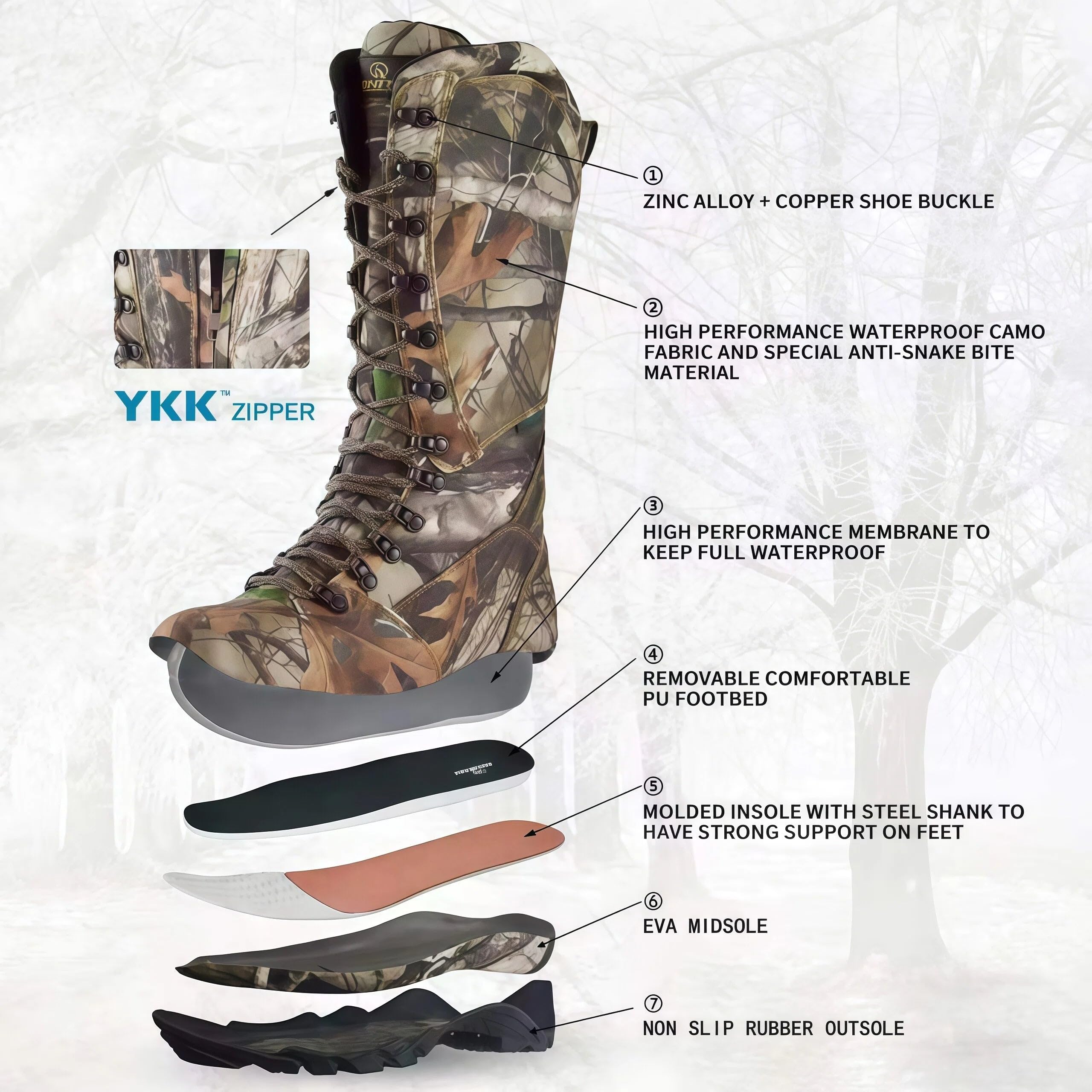 R RUNFUN Men's 16" Snakeproof Hunting Boots Waterproof Side-Zip Mud Boots with Steel Shank, Non-slip Camo Boot for Outdoor Work(RF2010-16GN, Size9)