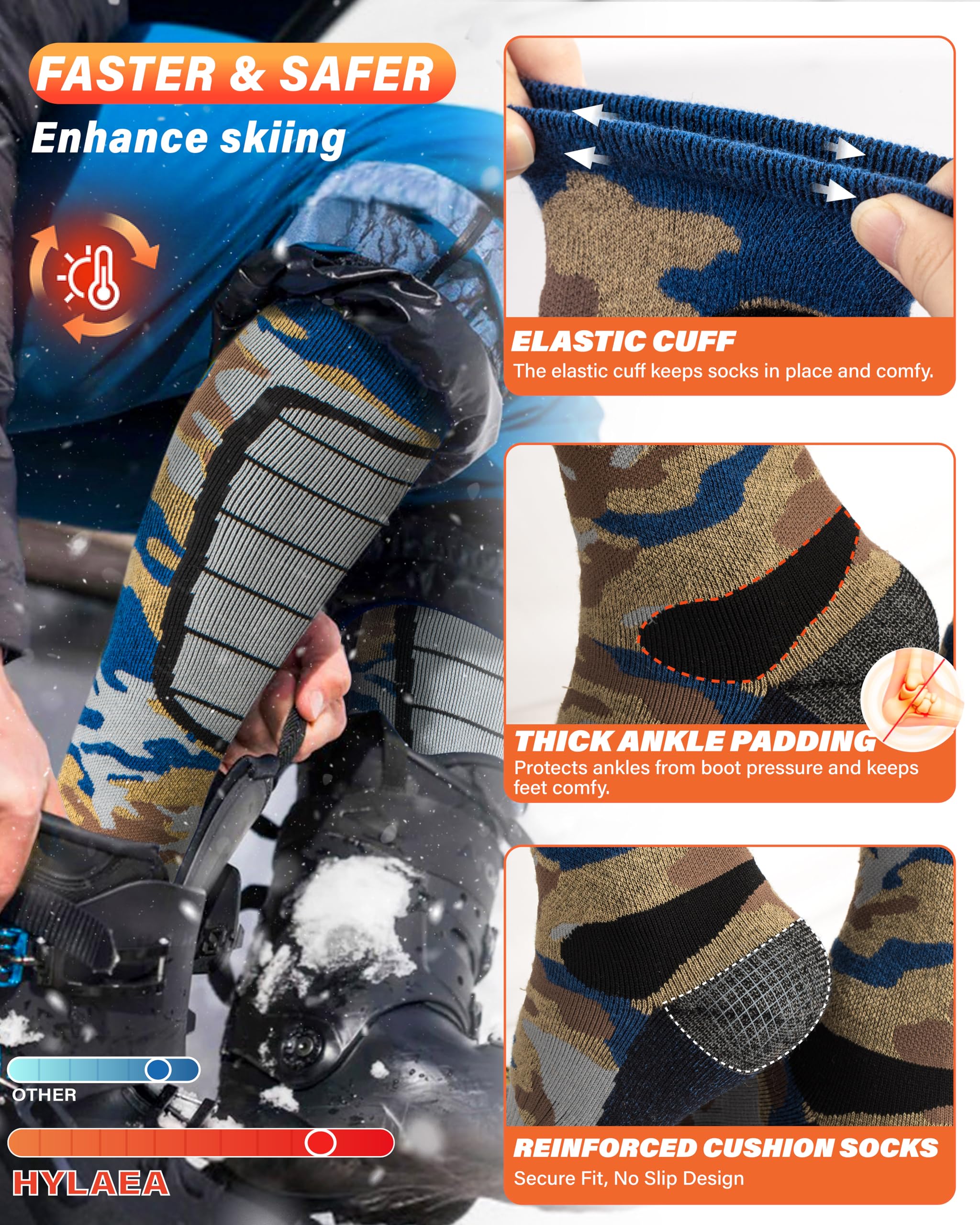 Hylaea Merino Wool Ski Socks - Cold Weather Thermal Knee-high Warm Socks for Snowboarding, Snow, Winter, Hunting, Outdoor Sports, Camo Large
