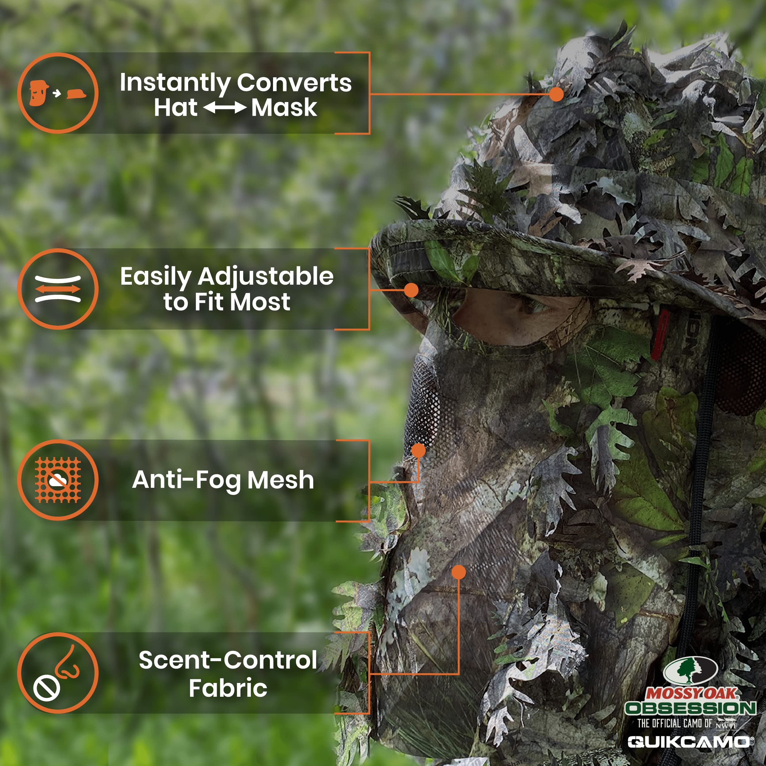 QuikCamo Men’s Mossy Oak Obsession 3D Leafy Camo Bucket Hat with Built-In Face Mask for Turkey Hunting - Adjustable Size