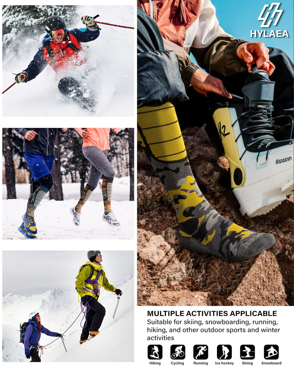 Hylaea Merino Wool Ski Socks - Cold Weather Thermal Knee-high Warm Socks for Snowboarding, Snow, Winter, Hunting, Outdoor Sports, Camo Large